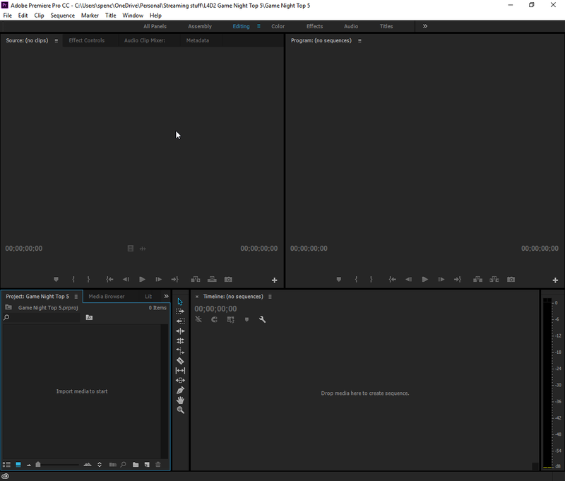 Your workspace. Bottom left: Media Library, Top Left: Cutting room, Top Right: Timeline Preview pane, Bottom Right: Timeline/video layout